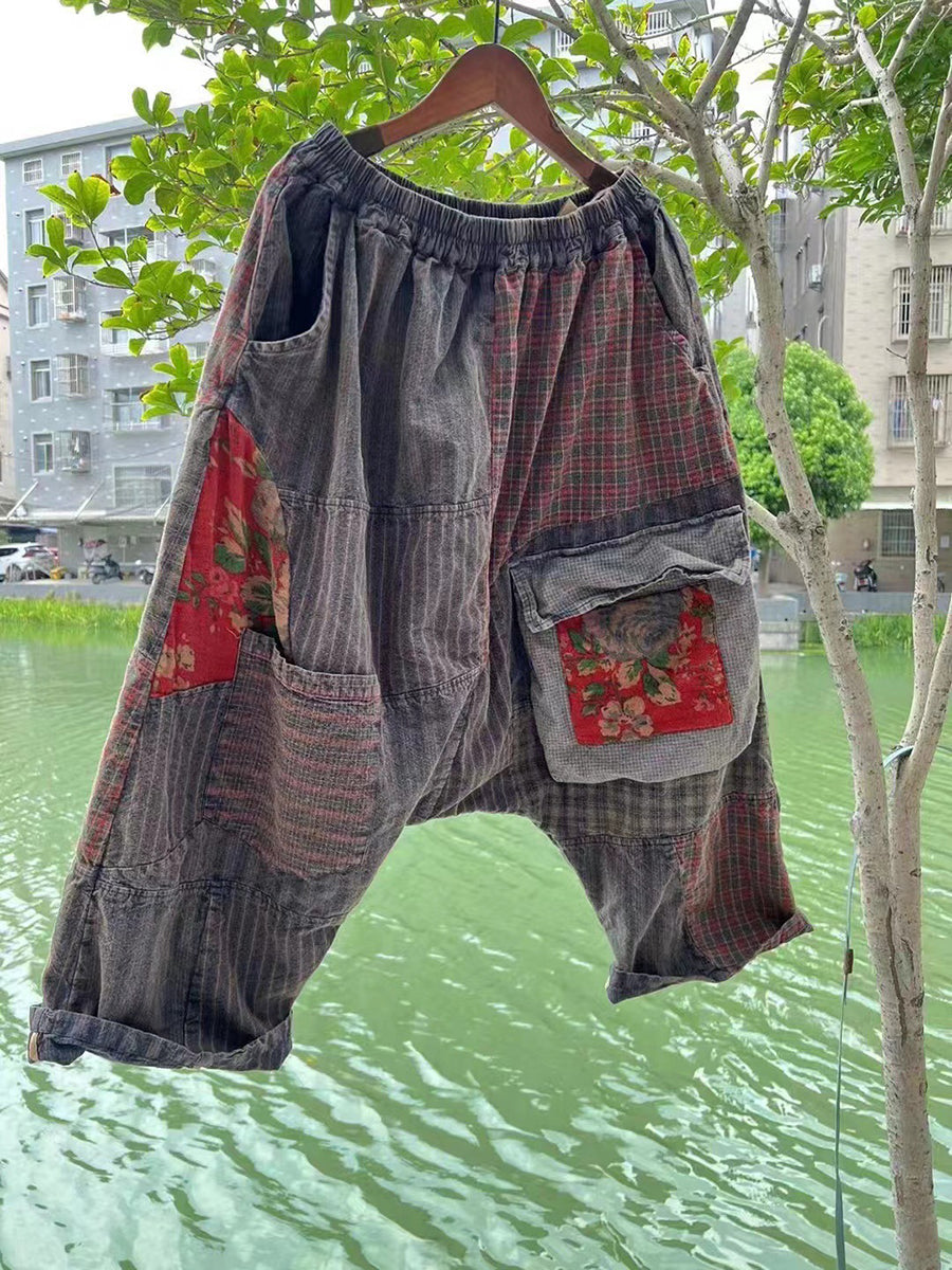 Calças soltas com bolsos e patchwork estilo chinês plus size para mulheres