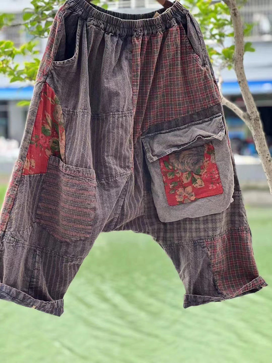 Calças soltas com bolsos e patchwork estilo chinês plus size para mulheres