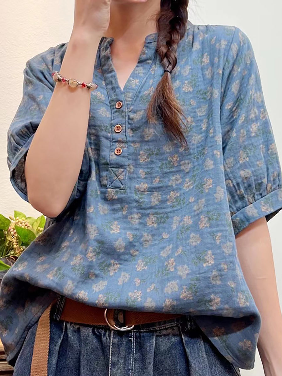 Plus Size Mulheres Verão Artsy Floral Button Loose Camisa