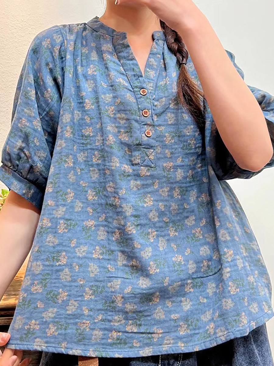 Plus Size Mulheres Verão Artsy Floral Button Loose Camisa