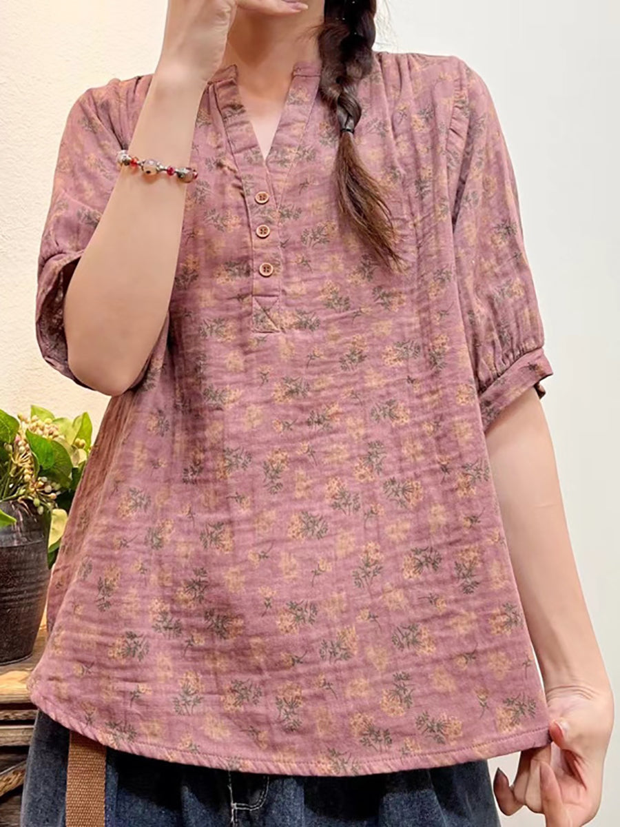 Plus Size Mulheres Verão Artsy Floral Button Loose Camisa