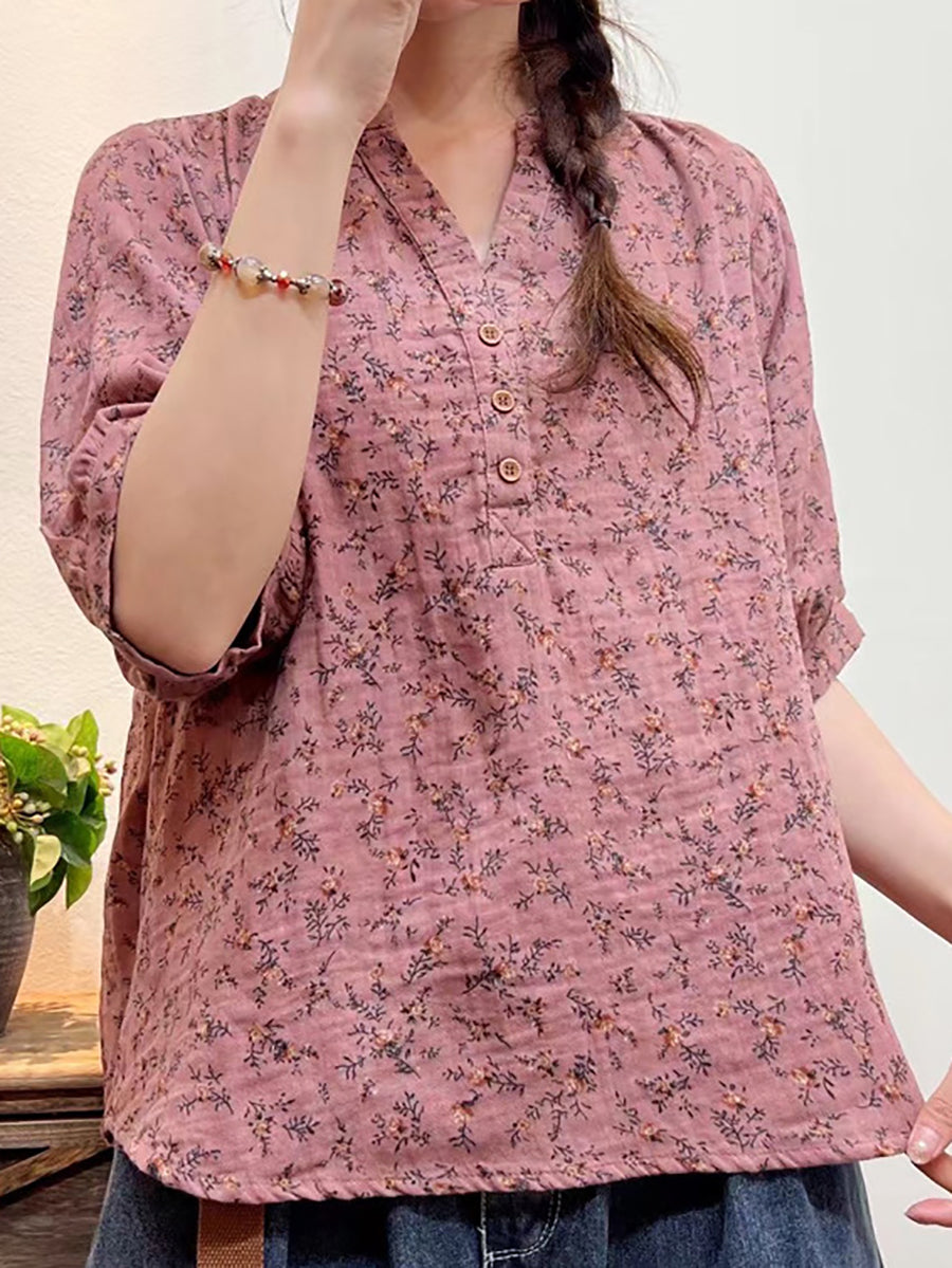 Plus Size Mulheres Verão Artsy Floral Button Loose Camisa