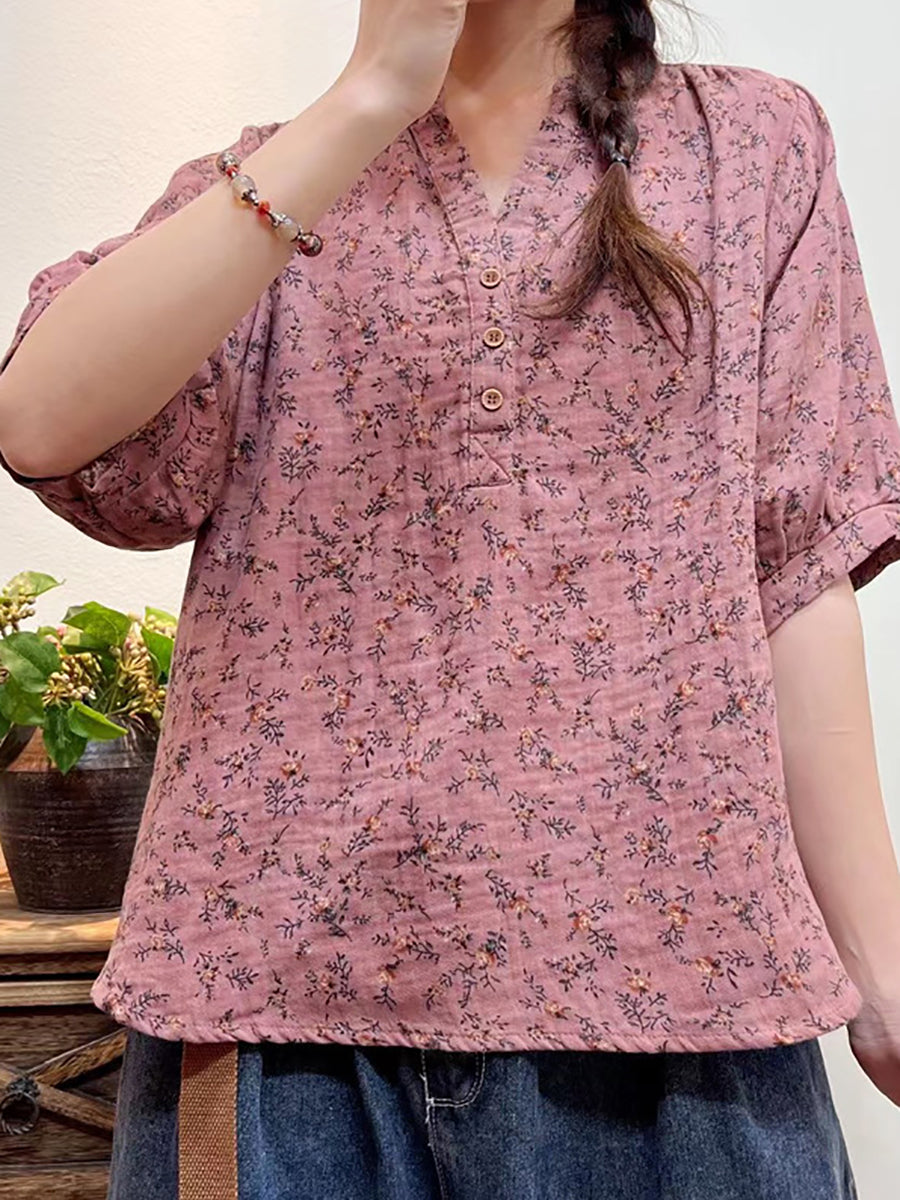 Plus Size Mulheres Verão Artsy Floral Button Loose Camisa