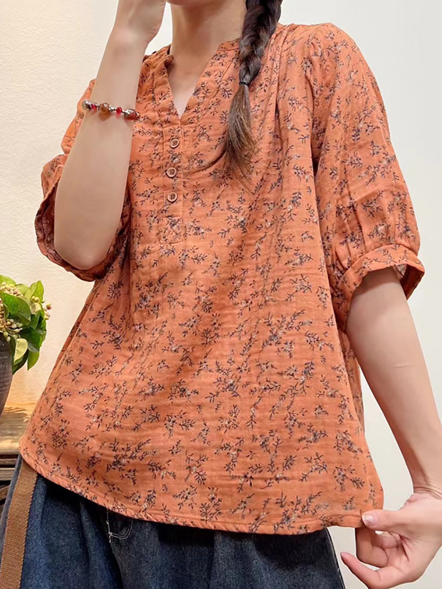 Plus Size Mulheres Verão Artsy Floral Button Loose Camisa