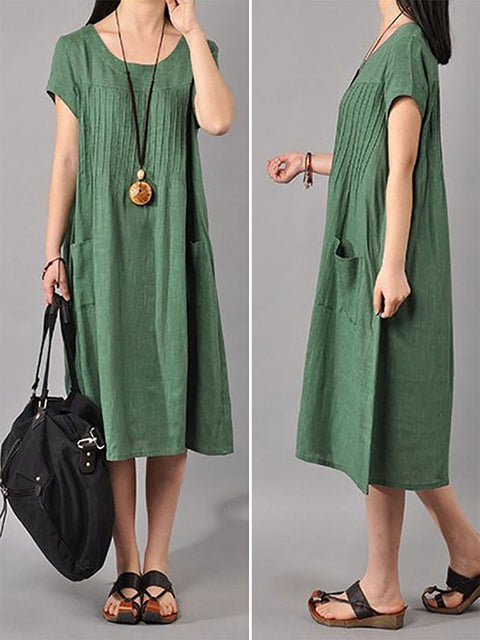 Plus Size  Women Cotton Linen Loose Fitting Dress in Green