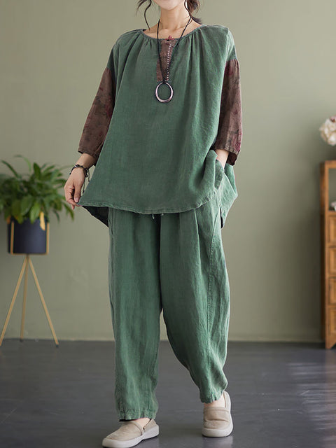 Linen Vintage Drop Shoulder Patchwork Women Loose T Shirt