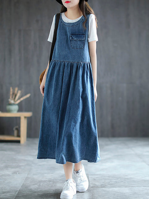 Plus Size Denim Pleated Long Sleeveless Pinafore Dress