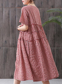 Thumbnail for Plus Size 100%Cotton Short Sleeve Plaid Dress