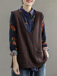 Thumbnail for Plus Size - Women Pocket Knitted Hollow Sweater Vest