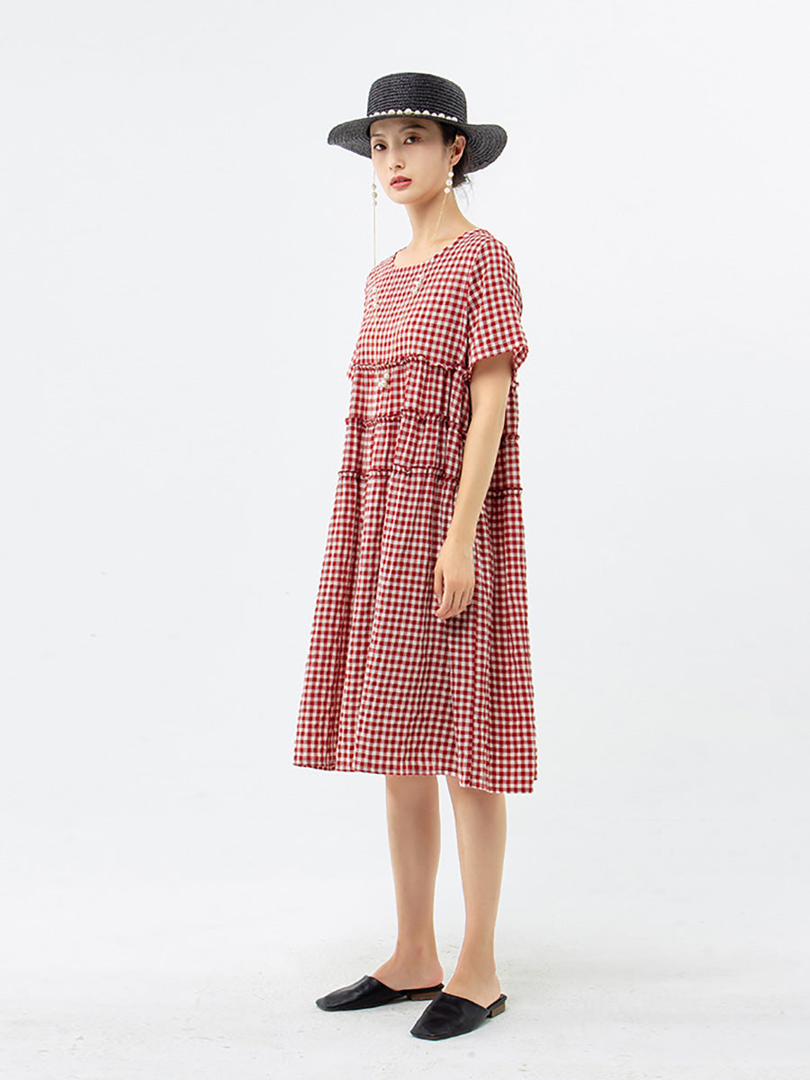 Robe à carreaux à manches courtes 100 % coton grande taille