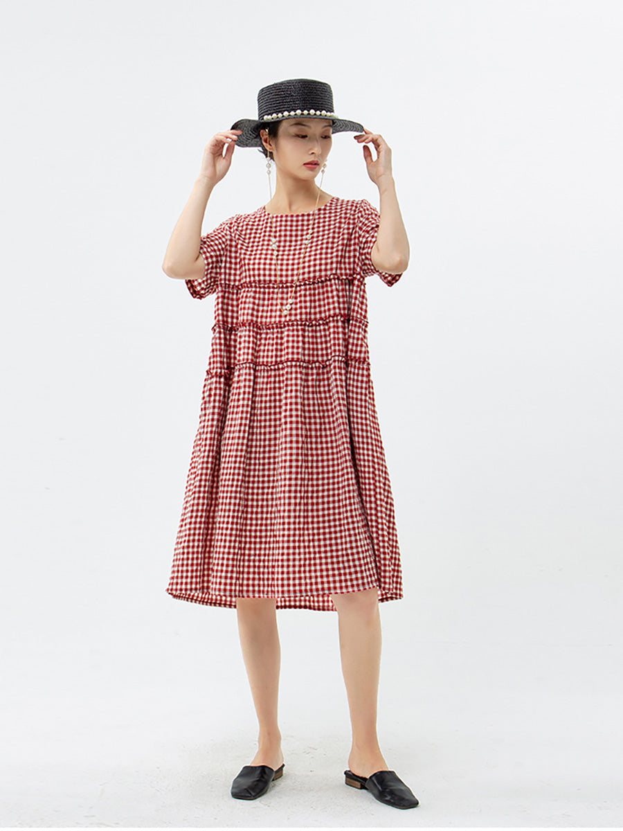 Plus Size 100%Cotton Short Sleeve Plaid Dress