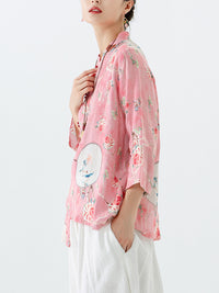 Thumbnail for PLUS Size - Linen Floral Print Vintage Casual Irregular Shirt