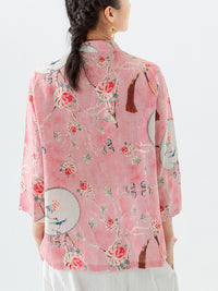 Thumbnail for PLUS Size - Linen Floral Print Vintage Casual Irregular Shirt