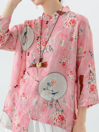 Thumbnail for PLUS Size - Linen Floral Print Vintage Casual Irregular Shirt