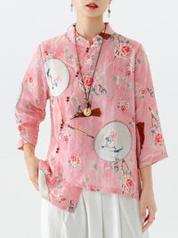 Thumbnail for PLUS Size - Linen Floral Print Vintage Casual Irregular Shirt