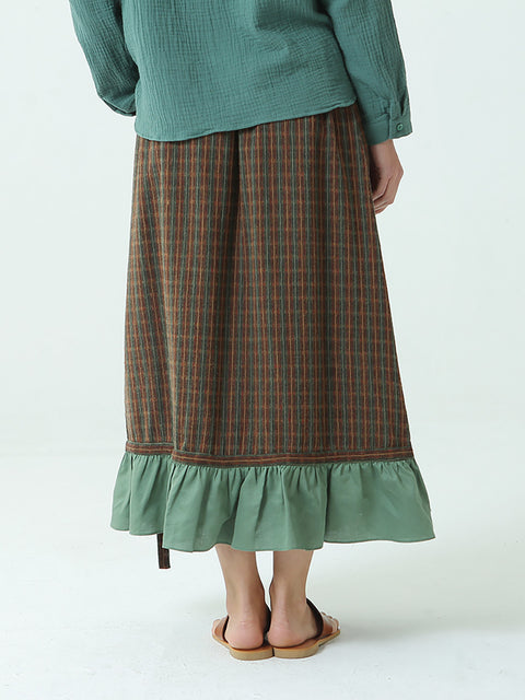 Plus Size Spring Elastic Waist Plaid Loose Vintage Long Skirt M-2XL