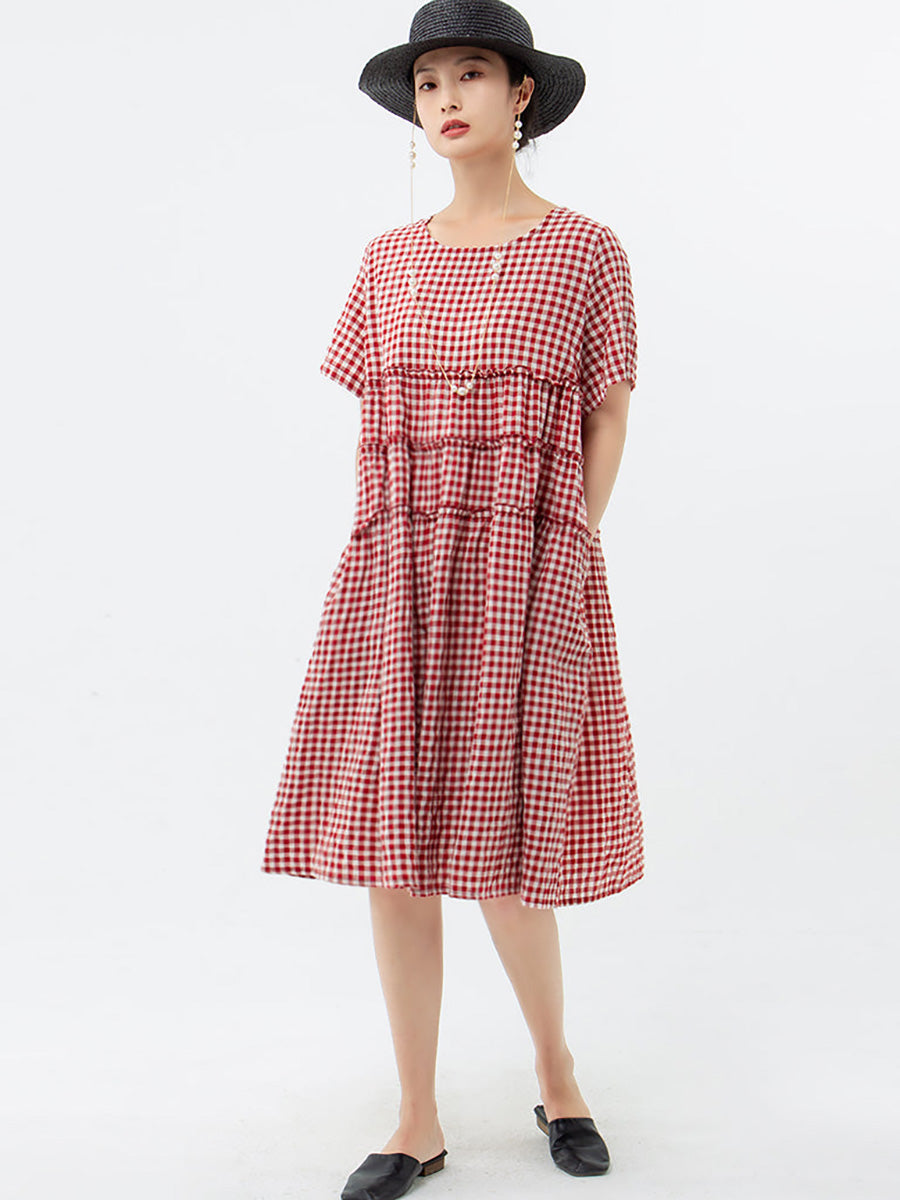 Robe à carreaux à manches courtes 100 % coton grande taille