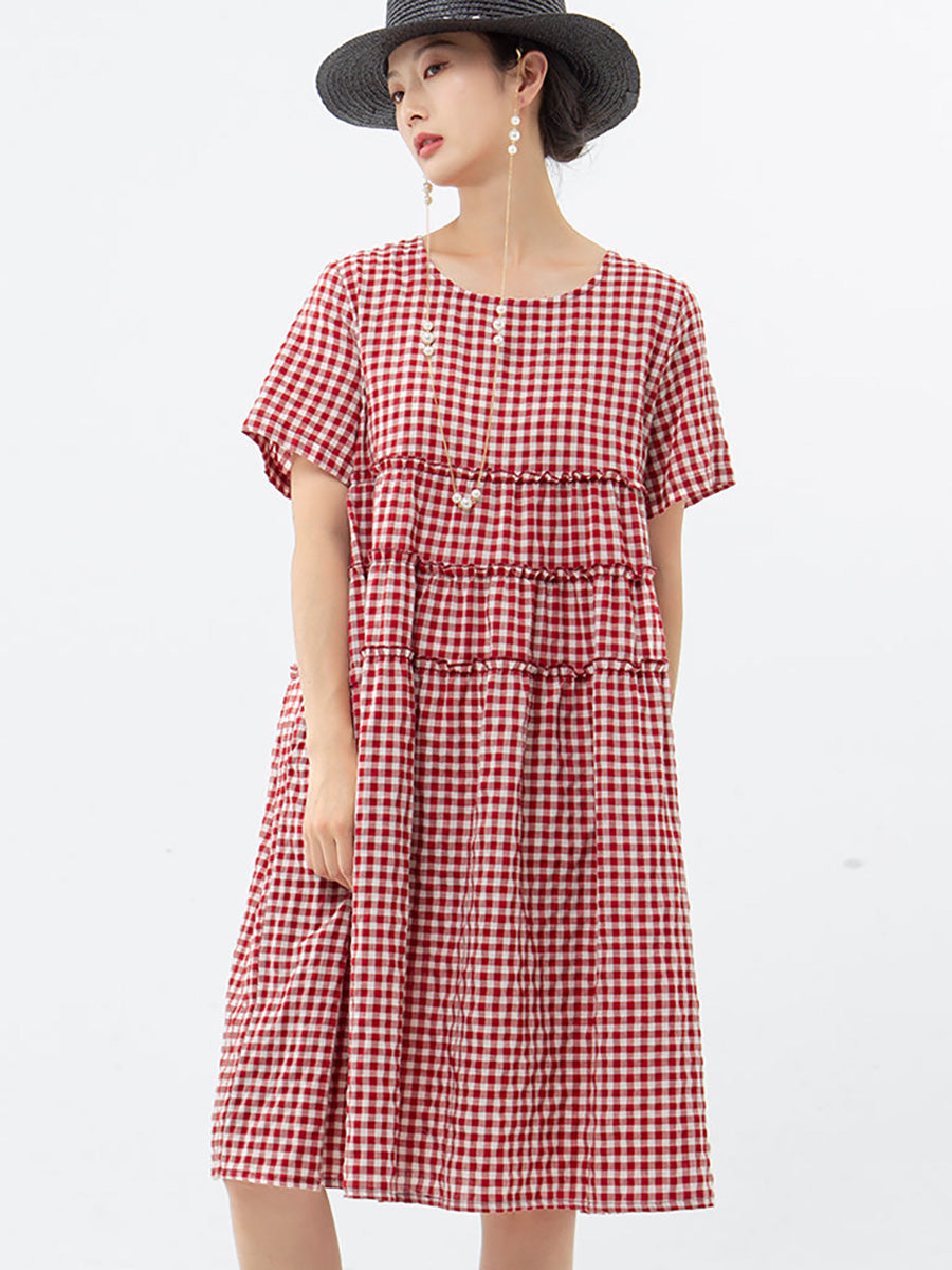 Robe à carreaux à manches courtes 100 % coton grande taille