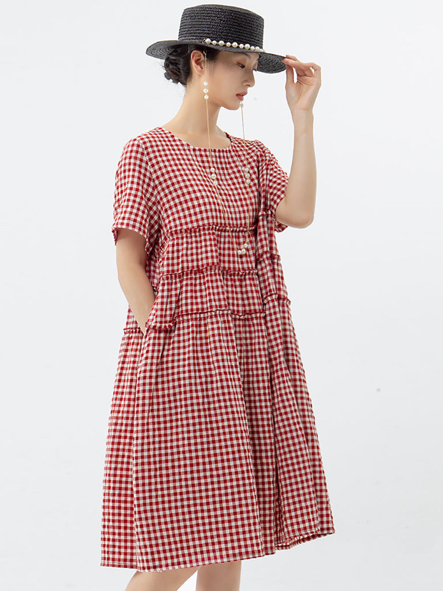 Robe à carreaux à manches courtes 100 % coton grande taille