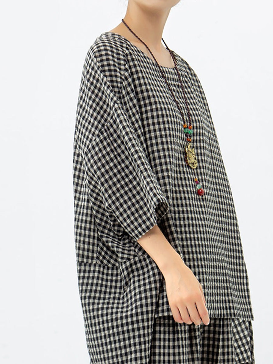 Plus Size Cotton Linen Plaid Retro Blouse And Pants