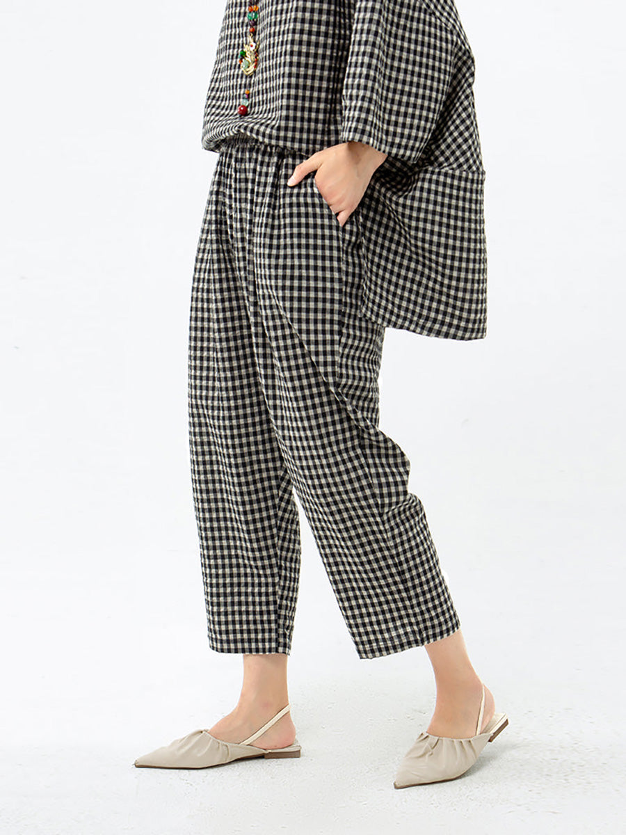 Plus Size Cotton Linen Plaid Retro Blouse And Pants