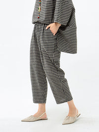 Thumbnail for Plus Size Cotton Linen Plaid Retro Blouse And Pants