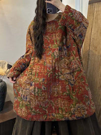 Thumbnail for Plus Size Women Winter Ethnic Floral Print Pocket Loose Warm Coat