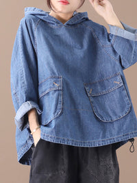 Thumbnail for Plus Size Loose Solid Color Drawstring Denim Hoodie