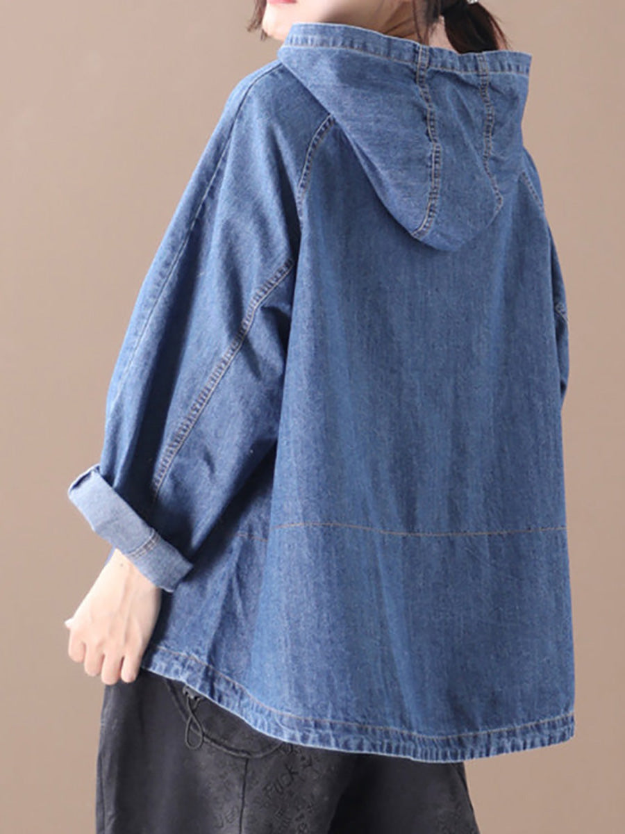 Plus Size Loose Solid Color Drawstring Denim Hoodie