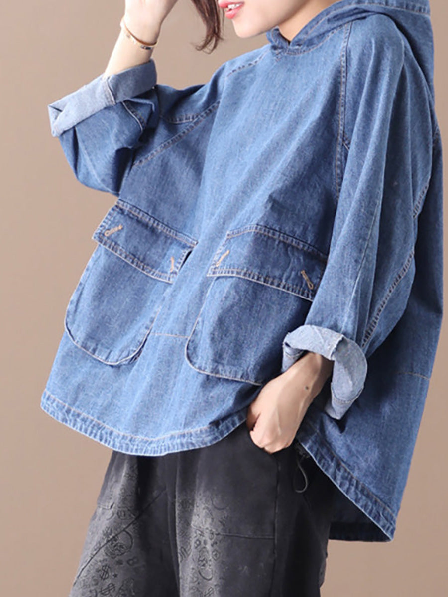 Plus Size Loose Solid Color Drawstring Denim Hoodie