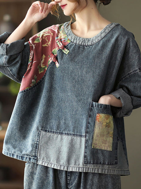 Plus Size Dam Retro Stitching Patchwork Print Blommig Denim Sweatshirt