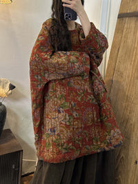 Thumbnail for Plus Size Women Winter Ethnic Floral Print Pocket Loose Warm Coat