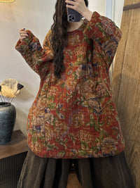 Thumbnail for Plus Size Women Winter Ethnic Floral Print Pocket Loose Warm Coat