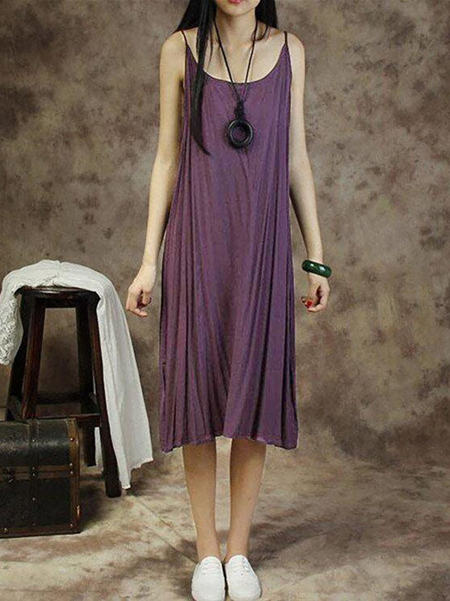 Plus Size Women Solid Color Cotton Vest Dress