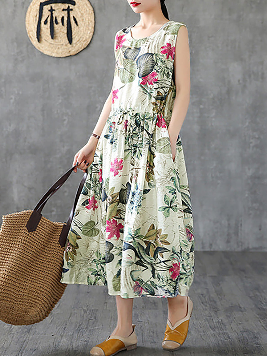 Plus Size - Summer Casual Floral Printed Cotton Sleeveless Pinafore Dr ...