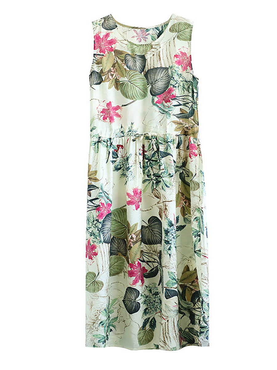 Vestido plus size casual de verão com estampa floral de algodão sem mangas