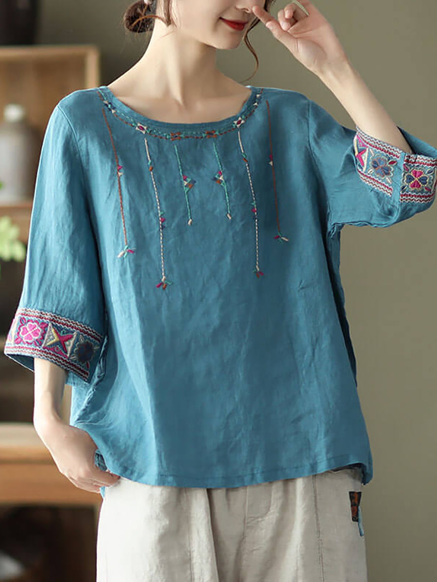 Plus Size Women Linen Vintage Embroidered T-shirt – BUYKUD