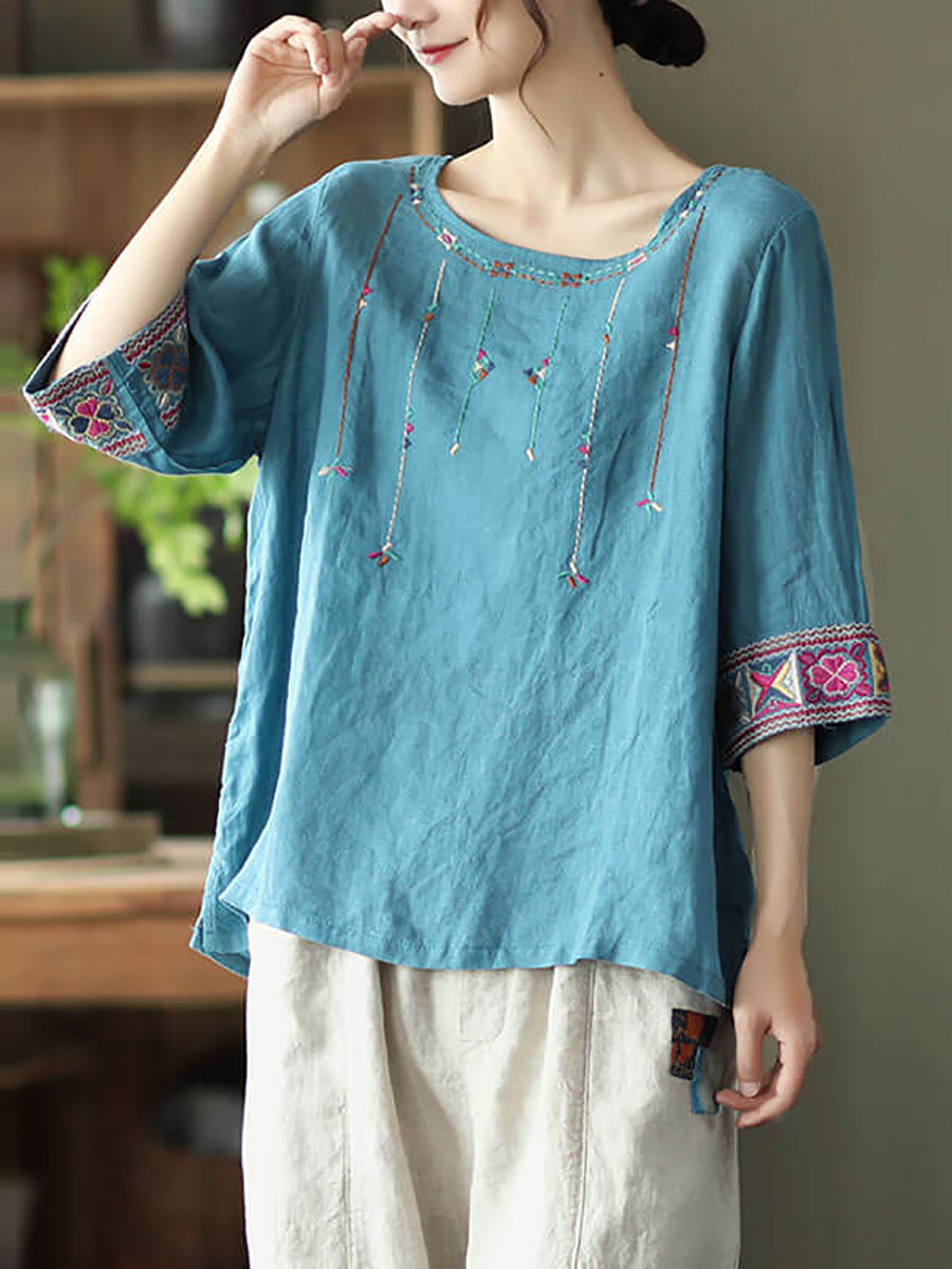 Plus Size Women Linen Vintage Embroidered T-shirt