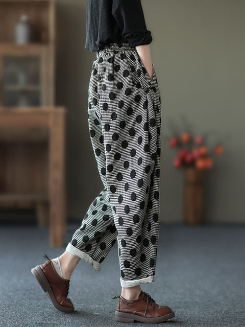 מידה גדולה - נשים רטרו Pocket Cotton Casual Dots מכנסי הרמון