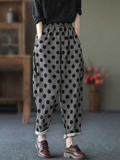 Plus size - Women Retro Pocket Cotton Casual Dots Harem Pants