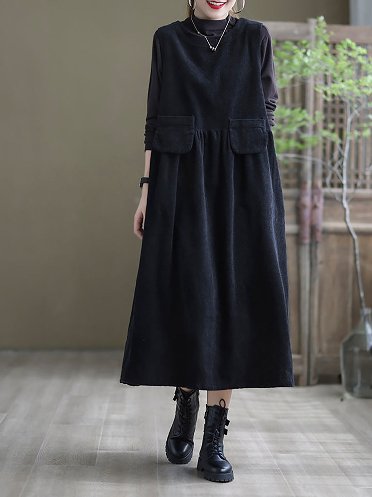 Plus Size - Corduroy Pocket Casual Sleeveless Pinafore Dress – BUYKUD