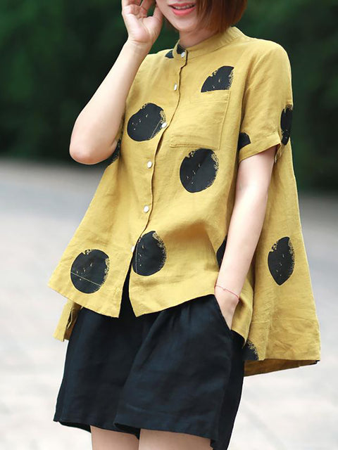 Plus Size Polka Dot bomull Linne Stand Collar Shirt